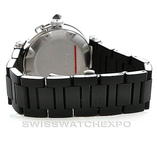 The image shows the back view of a Cartier Pasha W31077U2 Men's Stainless Steel Black Dial W31077U2 Men's Stainless Steel Black Dial watch, highlighting the case, crown, and black rubber strap.