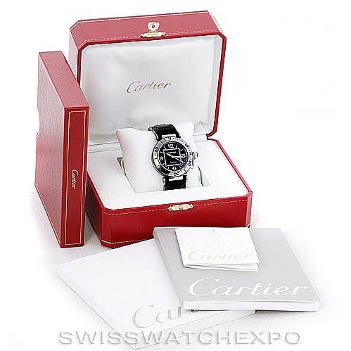 The image shows a Cartier Pasha W31077U2 Men's Stainless Steel Black Dial W31077U2 Men's Stainless Steel Black Dial watch with its box, manuals, and outer packaging from a front angle.