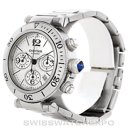 The image shows a Pasha model by Cartier from an angled side view highlighting the bezel, crown, chronograph dials, and bracelet.