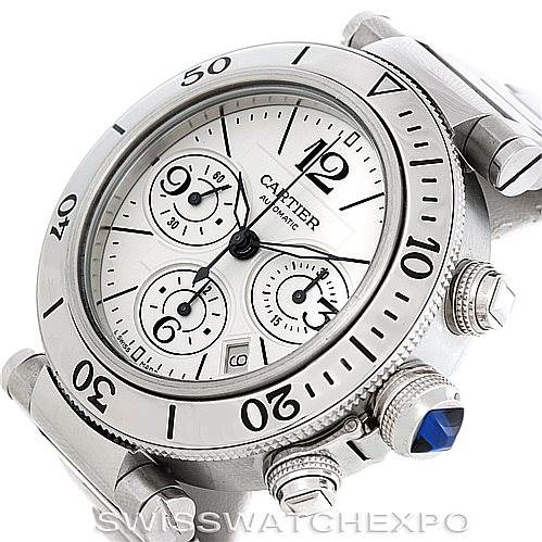 This Cartier Pasha W31089M7 Men's Stainless Steel Silver Dial W31089M7 Men's Stainless Steel Silver Dial watch is shown at an angled view, highlighting its chronograph dials, bezel, and signature blue sapphire crown.