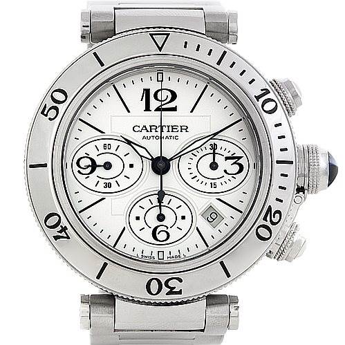 The image shows a frontal view of a Cartier Pasha W31089M7 Men's Stainless Steel Silver Dial W31089M7 Men's Stainless Steel Silver Dial watch, highlighting its dial, bezel, and chronograph subdials.