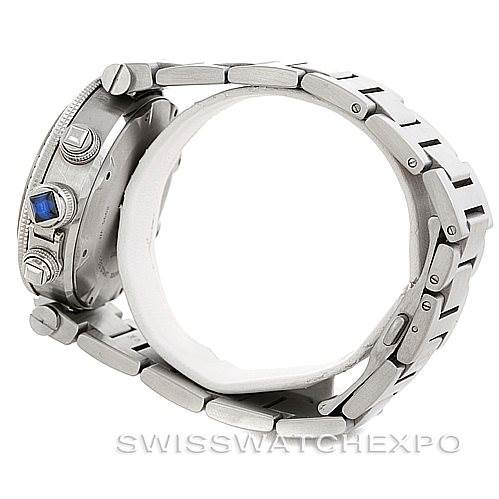 This image shows a side view of a Cartier Pasha W31089M7 Men's Stainless Steel Silver Dial W31089M7 Men's Stainless Steel Silver Dial model watch, highlighting the crown and silver-tone bracelet.