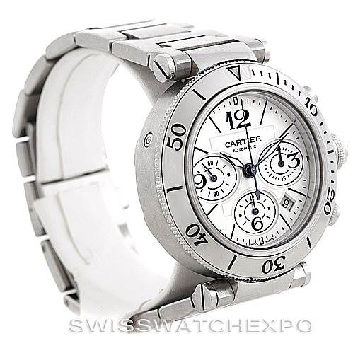 The image shows a Pasha de Cartier watch, angled to display its face, bezel, and part of the bracelet.