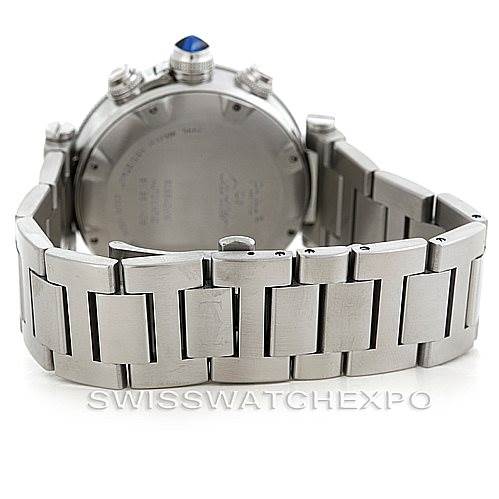 The image shows the backside and bracelet of a Cartier Pasha W31089M7 Men's Stainless Steel Silver Dial W31089M7 Men's Stainless Steel Silver Dial watch, including the case back and link details.