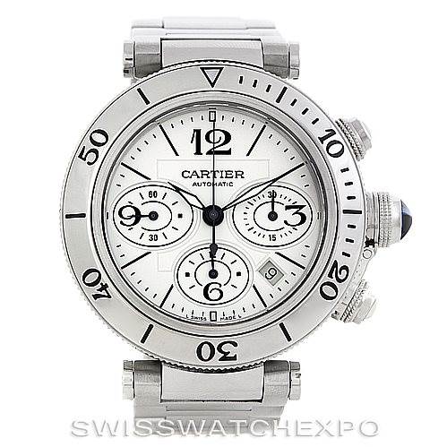 The image shows a front view of the Cartier Pasha W31089M7 Men's Stainless Steel Silver Dial W31089M7 Men's Stainless Steel Silver Dial watch, highlighting its white dial, subdials, bezel, and crown.