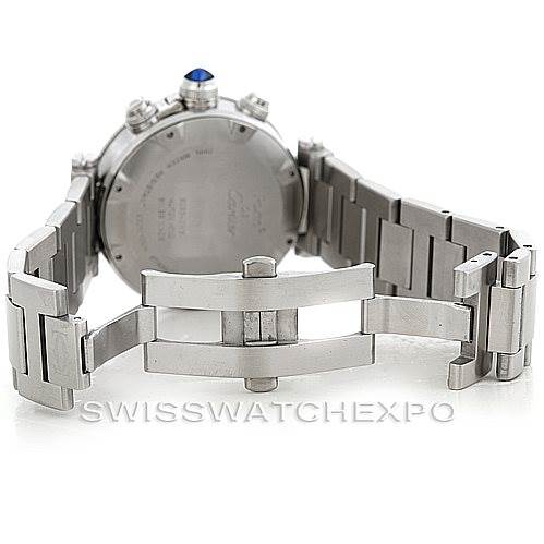 This image shows the back view and clasp of a Cartier Pasha W31089M7 Men's Stainless Steel Silver Dial W31089M7 Men's Stainless Steel Silver Dial watch.