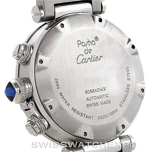 The image shows the back case of a Cartier Pasha W31089M7 Men's Stainless Steel Silver Dial W31089M7 Men's Stainless Steel Silver Dial model watch, detailing water resistance, material, and other specifications.