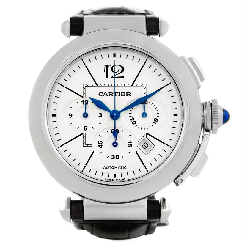 This image shows a front view of the Cartier Pasha W3103055 Men
s Stainless Steel Silver Dial W3103055 Men
s Stainless Steel Silver Dial watch, displaying its dial, hands, subdials, crown, and partial strap.