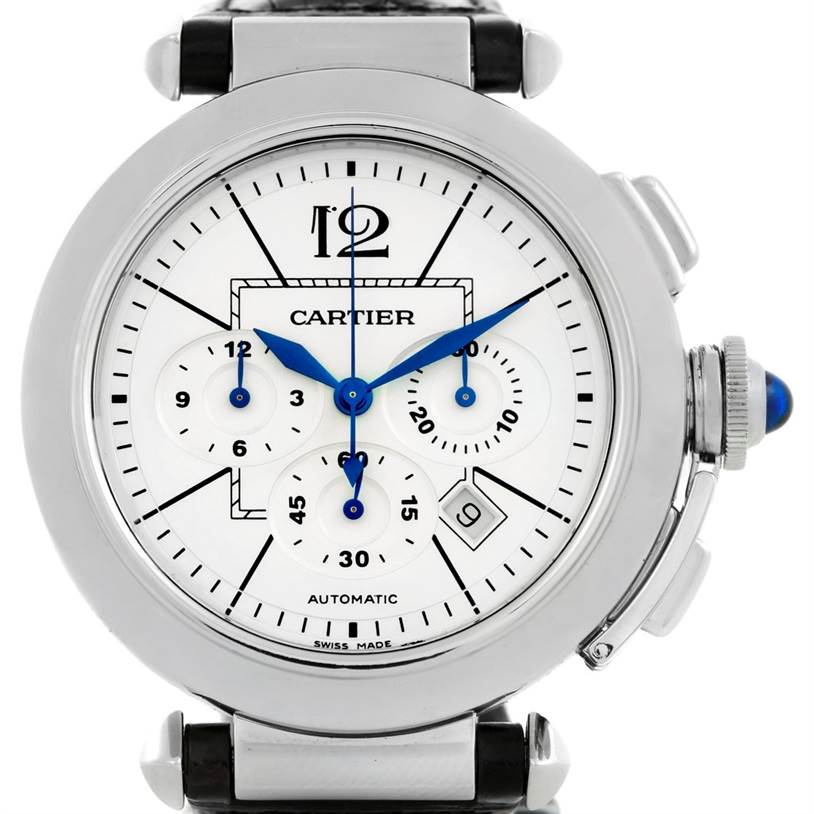 The Cartier Pasha W3103055 Men
s Stainless Steel Silver Dial W3103055 Men
s Stainless Steel Silver Dial watch is shown from a front angle, displaying its dial, chronograph sub-dials, and blue hands.
