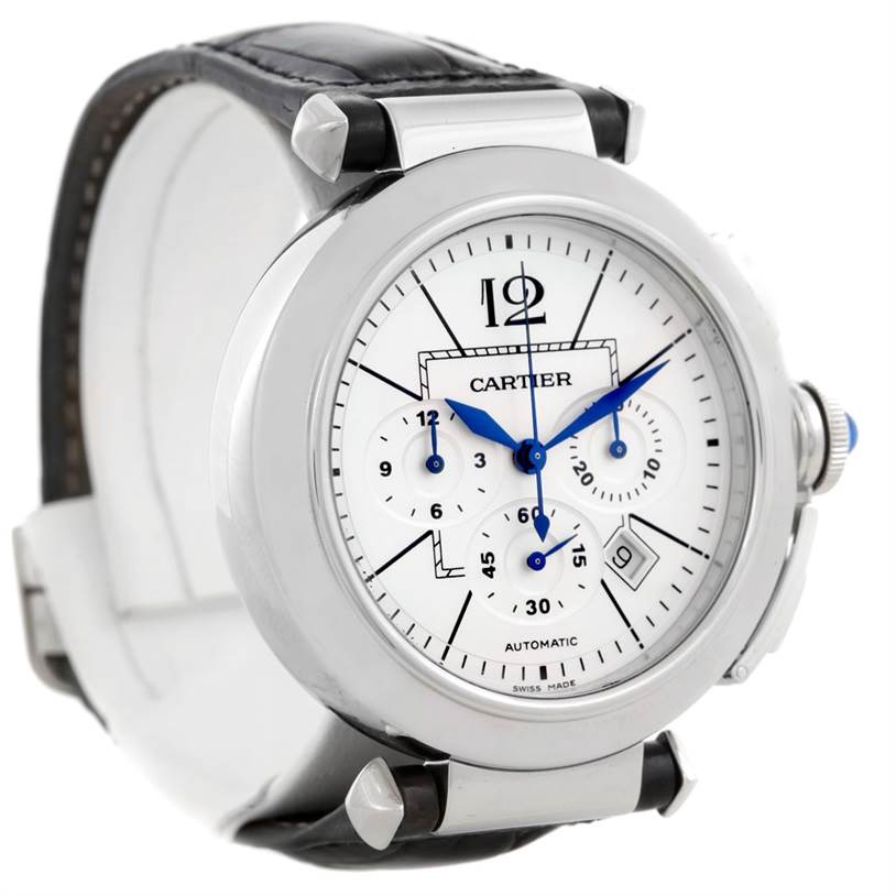 The image shows a Cartier Pasha W3103055 Men
s Stainless Steel Silver Dial W3103055 Men
s Stainless Steel Silver Dial watch at a three-quarter angle, highlighting the face, case, crown, and part of the strap.