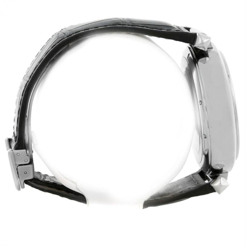 This image shows a side view of a Cartier Pasha W3103055 Men
s Stainless Steel Silver Dial W3103055 Men
s Stainless Steel Silver Dial watch, highlighting its case, strap, and clasp.