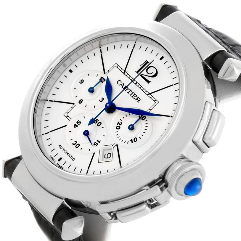 The image shows a close-up, angled view of the Cartier Pasha W3103055 Men
s Stainless Steel Silver Dial W3103055 Men
s Stainless Steel Silver Dial watch face, crown, pushers, and part of the strap.