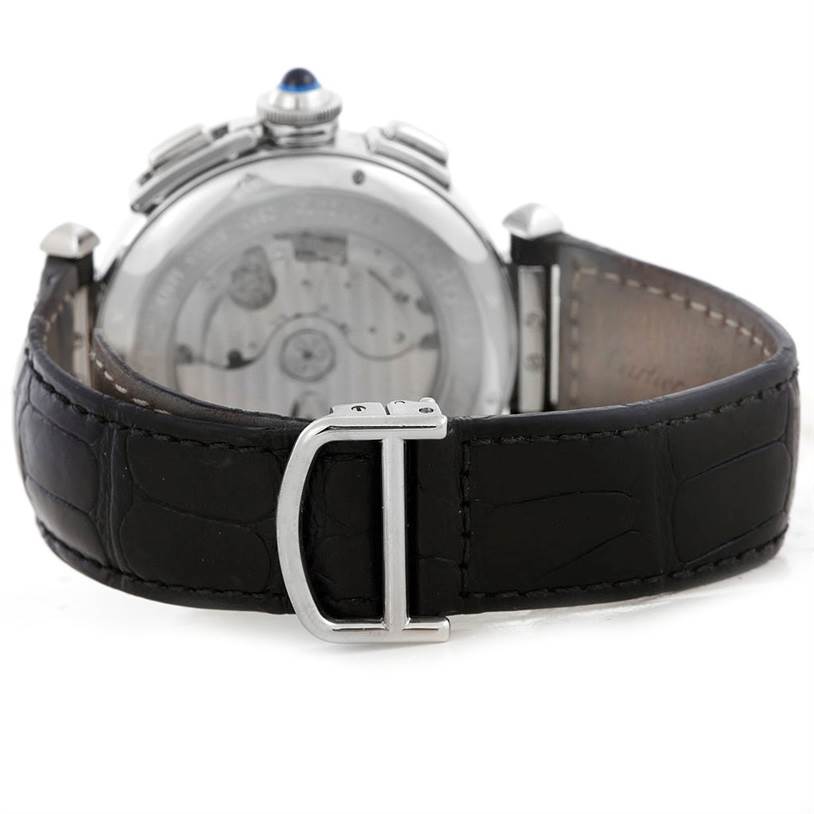 The image shows the back view of a Cartier Pasha W3103055 Men
s Stainless Steel Silver Dial W3103055 Men
s Stainless Steel Silver Dial watch, focusing on the black leather strap and the deployment clasp.