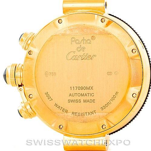 This is a rear view of the Pasha de Cartier watch, showcasing the back case and side crowns.