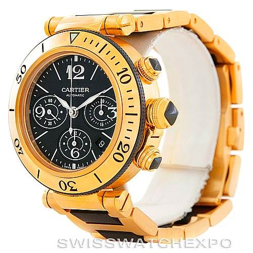 The image shows a Cartier Pasha W31088U2 Men's Yellow Gold Black Dial W31088U2 Men's Yellow Gold Black Dial watch at a three-quarter angle, displaying the face, side buttons, and part of the band.