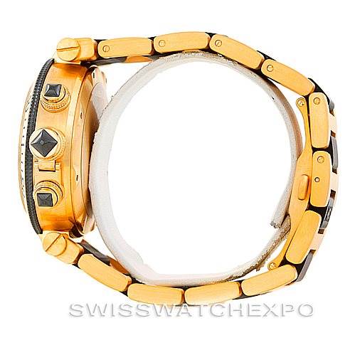The image shows a side angle of a Cartier Pasha W31088U2 Men's Yellow Gold Black Dial W31088U2 Men's Yellow Gold Black Dial watch, highlighting its crown, pushers, and part of the bracelet.