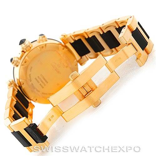 The image shows the back view of the Cartier Pasha W31088U2 Men's Yellow Gold Black Dial W31088U2 Men's Yellow Gold Black Dial watch, focusing on the clasp and part of the bracelet.