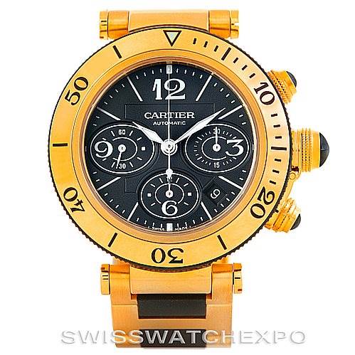 The image shows a front view of a Cartier Pasha W31088U2 Men's Yellow Gold Black Dial W31088U2 Men's Yellow Gold Black Dial watch, featuring its bezel, dial, subdials, and part of the strap.