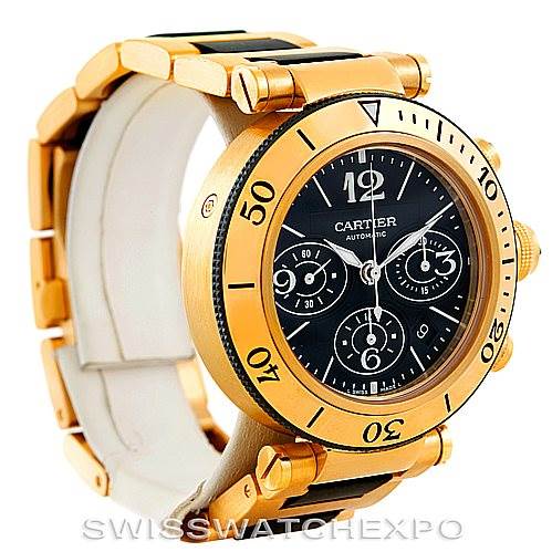 The image shows a Cartier Pasha W31088U2 Men's Yellow Gold Black Dial W31088U2 Men's Yellow Gold Black Dial watch at a slight angle, highlighting its gold bezel, black dial, chronograph sub-dials, and bracelet.