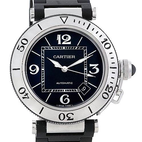 This image shows the front view of a Cartier Pasha W31077U2 Men's Stainless Steel Black Dial W31077U2 Men's Stainless Steel Black Dial watch, highlighting its black dial, bezel, crown, and strap.