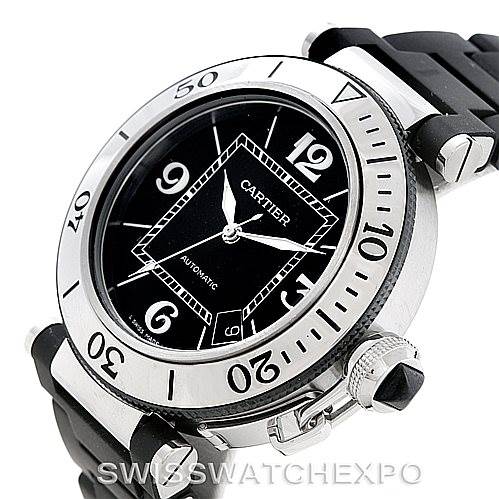 This is a Cartier Pasha W31077U2 Men's Stainless Steel Black Dial W31077U2 Men's Stainless Steel Black Dial watch shown from an angled side view, highlighting its dial, bezel, lugs, and band connections.