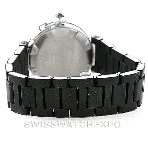 The image shows the rear view of a Cartier Pasha W31077U2 Men's Stainless Steel Black Dial W31077U2 Men's Stainless Steel Black Dial model watch, focusing on the case back and black linked strap.