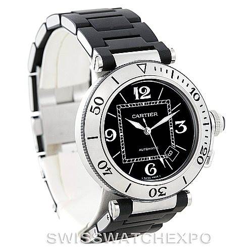 The image shows a Cartier Pasha W31077U2 Men's Stainless Steel Black Dial W31077U2 Men's Stainless Steel Black Dial model watch at a slight angle, featuring the face, bezel, and part of the strap.