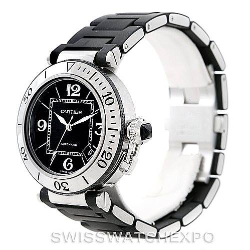 The image showcases a side angle of the Cartier Pasha W31077U2 Men's Stainless Steel Black Dial W31077U2 Men's Stainless Steel Black Dial watch, highlighting its bezel, crown, black dial, and bracelet.