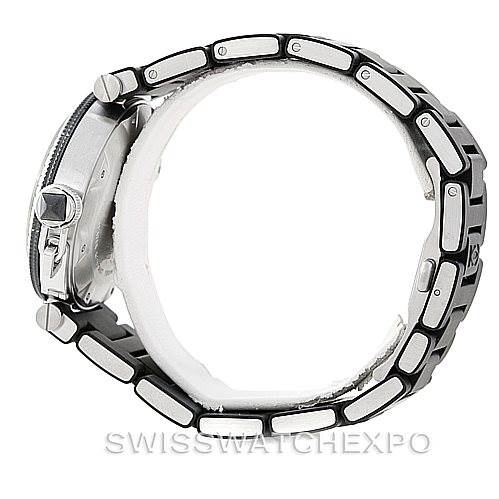 This image shows a side view of the Cartier Pasha W31077U2 Men's Stainless Steel Black Dial W31077U2 Men's Stainless Steel Black Dial model watch, focusing on the bracelet and the side case.