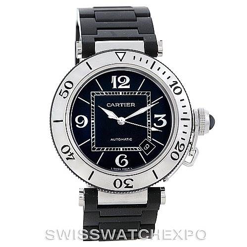 The image features a front view of a Cartier Pasha W31077U2 Men's Stainless Steel Black Dial W31077U2 Men's Stainless Steel Black Dial watch, showing its round dial, bezel, and bracelet.