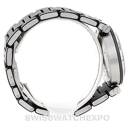 The image shows a side profile view of the Cartier Pasha W31077U2 Men's Stainless Steel Black Dial W31077U2 Men's Stainless Steel Black Dial model, focusing on the bracelet and the case.