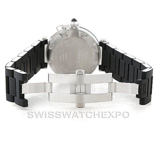 The image shows the back of a Cartier Pasha W31077U2 Men's Stainless Steel Black Dial W31077U2 Men's Stainless Steel Black Dial watch, focusing on the black bracelet and its clasp mechanism.