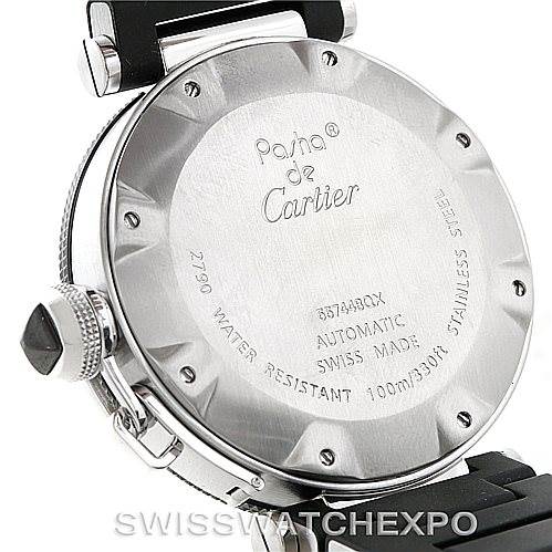The image shows the back of the Cartier Pasha W31077U2 Men's Stainless Steel Black Dial W31077U2 Men's Stainless Steel Black Dial watch, highlighting the engraved details and water resistance specifications.