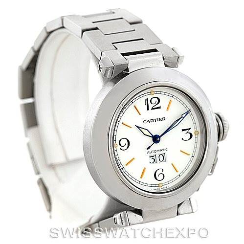 The image shows a Cartier Pasha Stainless Steel Silver Dial Stainless Steel Silver Dial model watch at a three-quarter angle, highlighting the face, bezel, and part of the bracelet.