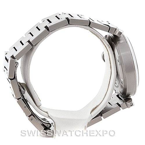 The image shows a side view of the Cartier Pasha Stainless Steel Silver Dial Stainless Steel Silver Dial watch, highlighting its metal bracelet and case.