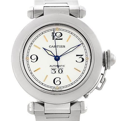 This image shows a front view of the Cartier Pasha Stainless Steel Silver Dial Stainless Steel Silver Dial watch, highlighting the dial, hands, and bracelet.