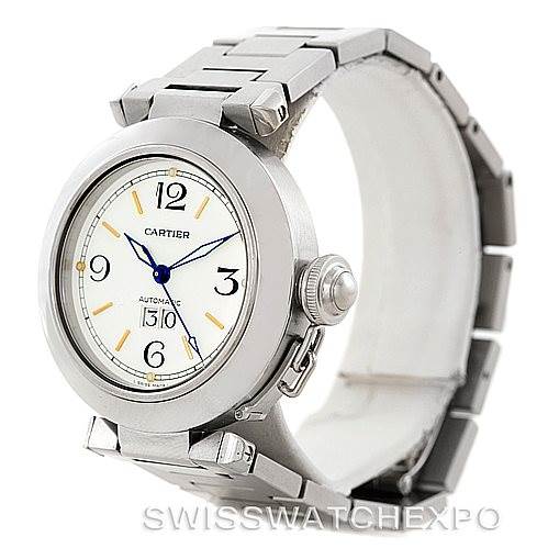 The image shows a side angled view of a Cartier Pasha Stainless Steel Silver Dial Stainless Steel Silver Dial watch, displaying the face, bracelet, and crown.