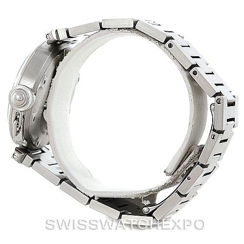 The image shows a side view of a Cartier Pasha Stainless Steel Silver Dial Stainless Steel Silver Dial watch, focusing on its case, bracelet, and crown.