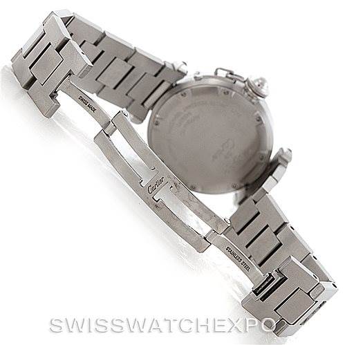This image shows the back and clasp of the Cartier Pasha Stainless Steel Silver Dial Stainless Steel Silver Dial watch with an open bracelet.