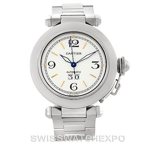 This image shows a front view of the Cartier Pasha Stainless Steel Silver Dial Stainless Steel Silver Dial watch, highlighting the face, bracelet, and crown guard.