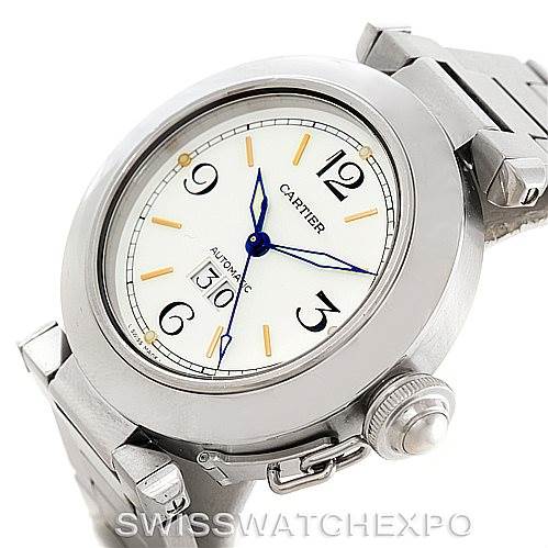 The image shows a front angle of the Cartier Pasha Stainless Steel Silver Dial Stainless Steel Silver Dial watch, highlighting its dial, numerals, and crown.