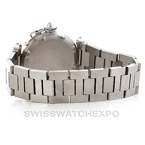 This image shows the back case and metallic bracelet of a Cartier Pasha Stainless Steel Silver Dial Stainless Steel Silver Dial watch from a rear angle.
