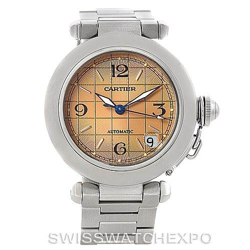 The image shows a Cartier Pasha W31023M7 Men's Stainless Steel Pink Dial W31023M7 Men's Stainless Steel Pink Dial watch from the front, highlighting its face, bracelet, and crown guard.