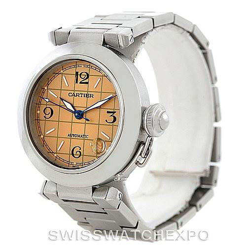 Cartier Pasha C Mens Steel Salmon Grid Dial Watch W31023M7 SwissWatchExpo