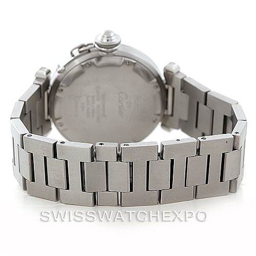 The image shows the back view of a Cartier Pasha W31023M7 Men's Stainless Steel Pink Dial W31023M7 Men's Stainless Steel Pink Dial watch, highlighting its stainless steel case and bracelet.