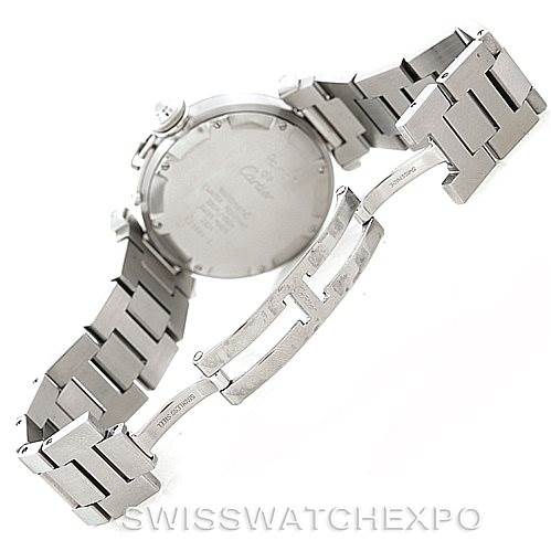 The image shows the back of the Cartier Pasha W31023M7 Men's Stainless Steel Pink Dial W31023M7 Men's Stainless Steel Pink Dial watch, focusing on the case back and the partially opened metal bracelet.