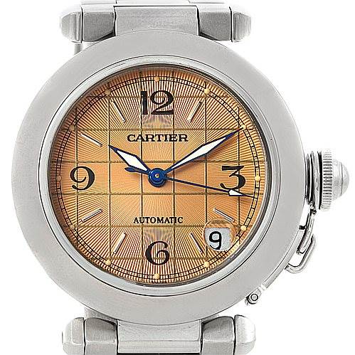 This image shows a frontal view of the Cartier Pasha W31023M7 Men's Stainless Steel Pink Dial W31023M7 Men's Stainless Steel Pink Dial watch, featuring its face, crown, and part of the bracelet.