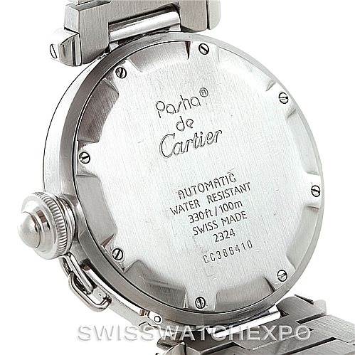 This image shows the back of a Cartier Pasha W31023M7 Men's Stainless Steel Pink Dial W31023M7 Men's Stainless Steel Pink Dial watch, highlighting its metal case and detailing.