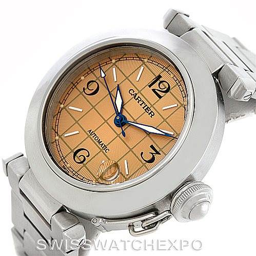 The image shows a close-up view of the dial and a portion of the bracelet of a Cartier Pasha W31023M7 Men's Stainless Steel Pink Dial W31023M7 Men's Stainless Steel Pink Dial automatic watch.