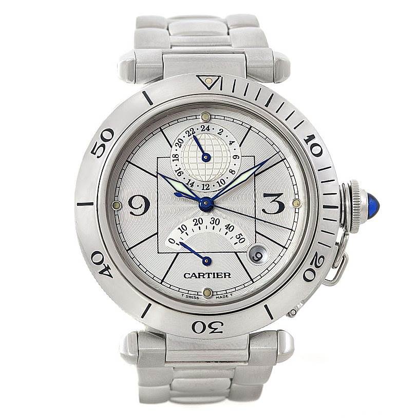 The image shows a front view of the Cartier Pasha W31037H3 Men's Stainless Steel Silver Dial W31037H3 Men's Stainless Steel Silver Dial watch, highlighting its dial, bezel, and bracelet.